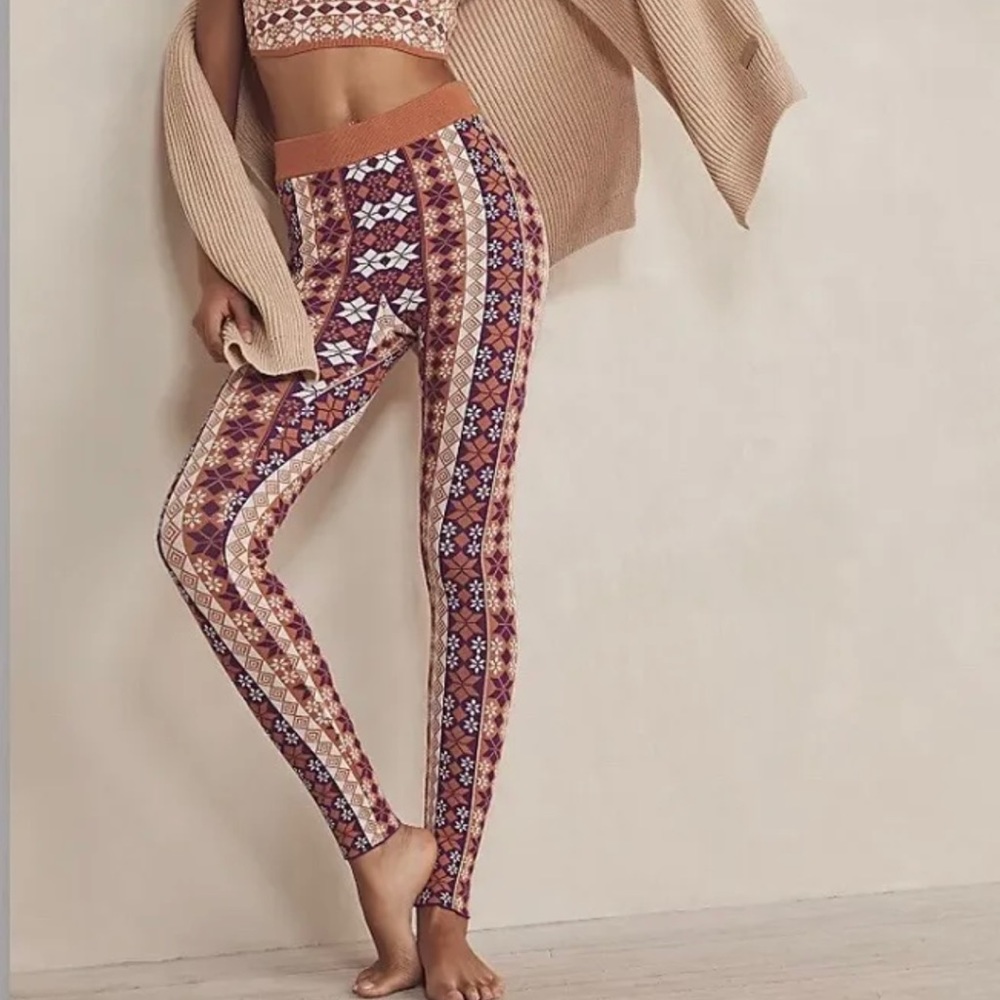 Free People Mixed Rust Floral Fair Isle Leggings